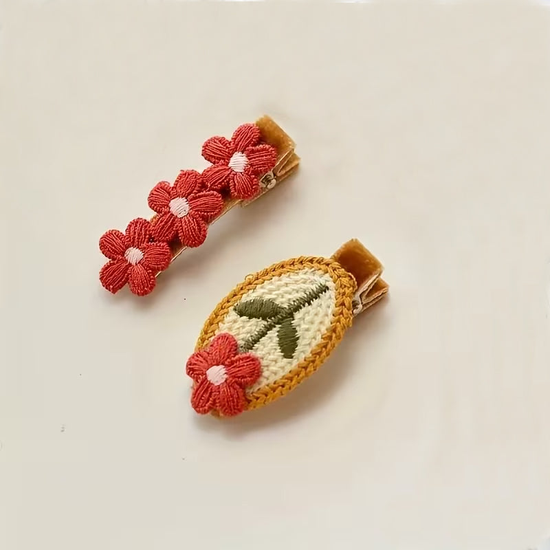Two Embroidered Red Flower Hair Clips